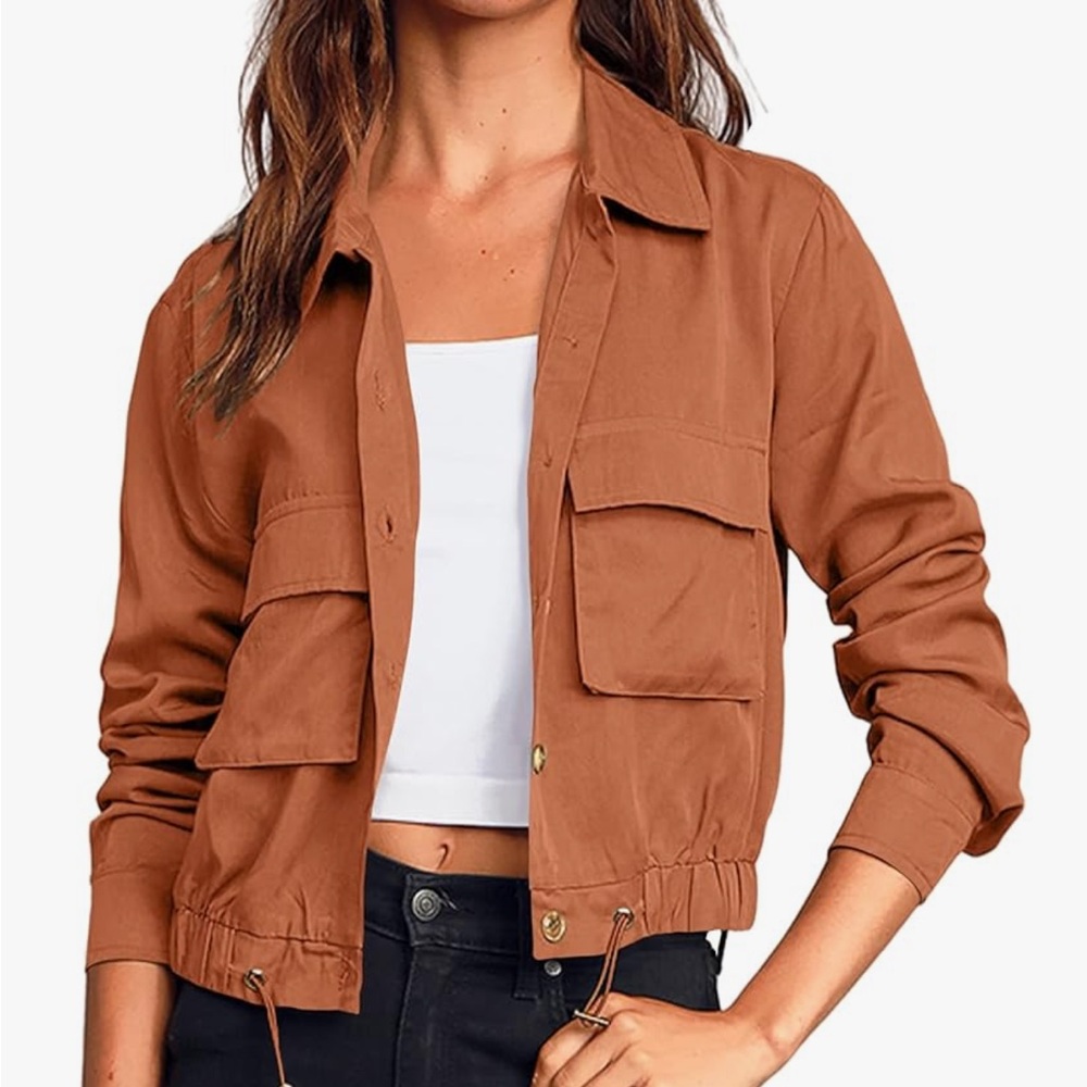 Women's Military Cropped Lightweight Jacket Button Down with Pockets